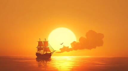 Obraz premium A historic ship sailing at sunset over calm waters.