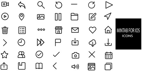 Mintab for ios simple concept 42 icons set. Contains such search,home, location,image,note,video. Vector illustration.