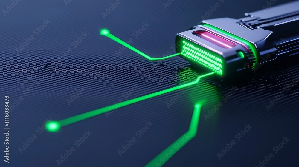 Poster an abstract digital scene illuminated with green and red lighting.