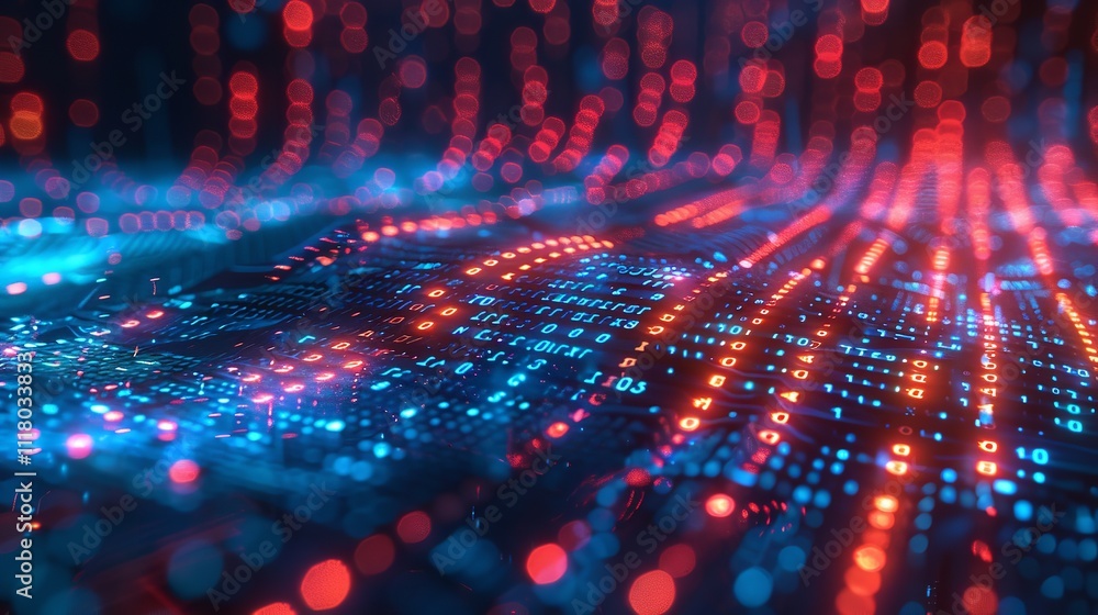 Poster digital landscape with flowing binary code.