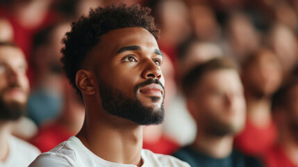 Focused football fan in crowd, enjoying game atmosphere