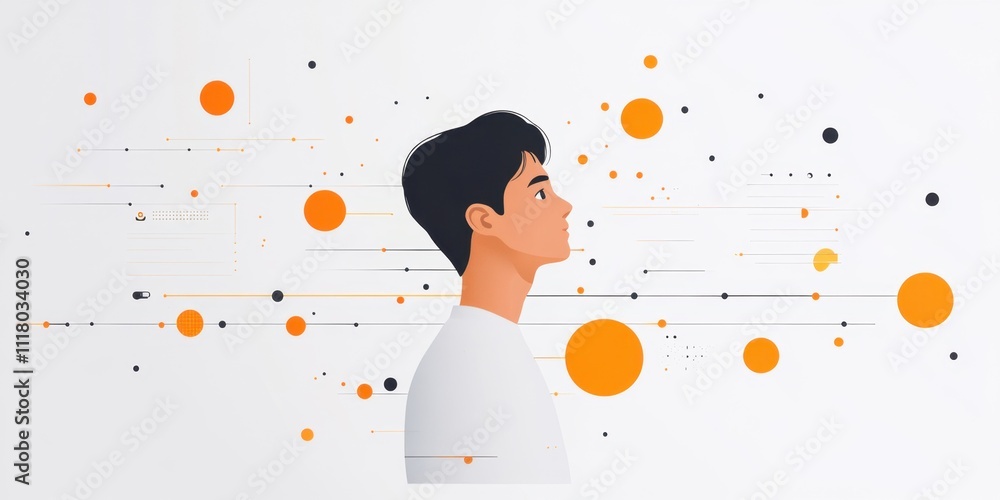 Poster contemplative young man immersed in abstract geometric patterns of color and light