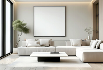 Elegant minimalist living room with bright natural light and a peaceful ambiance