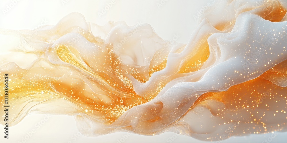 Poster fluid golden waves gracefully dance through a soft, ethereal backdrop, creating a mesmerizing visual