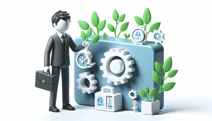 3D Entrepreneur implementing green technology in macro close up copy space concept as Entrepreneur implements green technology in macro close up showcasing use of sustainable innovations and eco frien