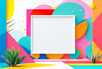 Bold geometric shapes and tropical elements create a vibrant artistic backdrop