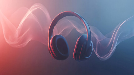 Close-up of high quality headphones in colour combination floating in air on background. Music,...