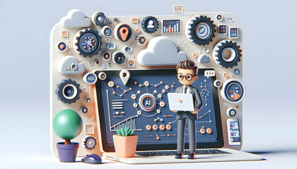 Fototapeta premium 3D Entrepreneur using AI driven business development tools in home office copy space concept as Entrepreneur uses AI driven business development tools in home office highlighting intelligent growth st