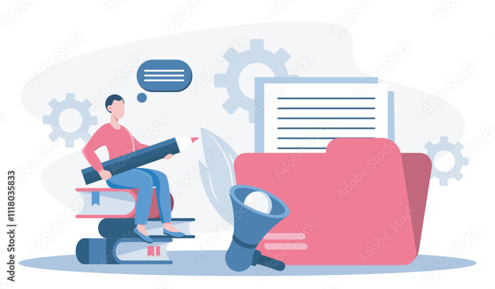Aufkleber man add files. young guy with pencil sits on file folder. electronic storage and archive with digita