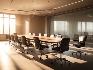 Sunlit Modern Conference Room,  Luxury Office Space,  Warm Golden Hour Light