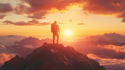 Obraz premium Hiker Achieving Success Against a Stunning Mountain Sunset Background