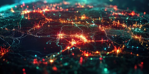 Fototapeta premium Vibrant city lights illuminate a digital landscape showcasing urban connectivity and modern infrastructure at night