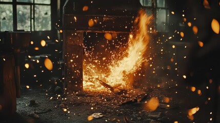 A fiery explosion of sparks from a furnace in an industrial setting.