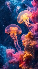 Naklejka premium Colorful jellyfish swim through a cosmic ocean with vibrant gases