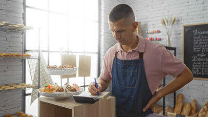 Young man in apron writing in notebook while working in cozy bakery shop surrounded by delicious pastries under natural indoor lighting