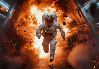 Astronaut runs inside burning spaceship, fire and explosion in spacecraft or space station. Concept of disaster, accident, explode. Astronaut escaping fire in spaceship like in sci-fi movie