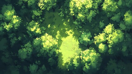 Aerial view of a lush green forest with vibrant foliage.