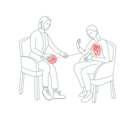 Line art of therapy session.  Psychology helps patient.