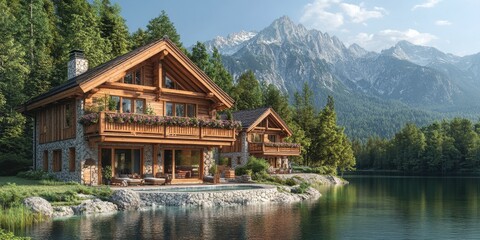 Obraz premium Expansive wooden cabins reflecting serene mountain landscape at dawn by a tranquil lake