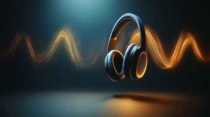 Close-up of high quality headphones in colour combination floating in air on background. Music,...