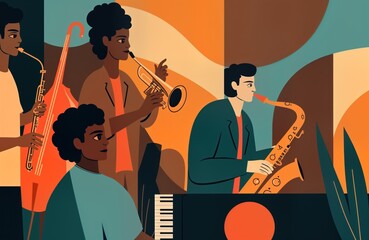 Colorful abstract jazz music illustration shows musicians playing trumpet saxophone, contrabass. Modern design with bold colors. Energetic, creative music poster music event flier. Stylish