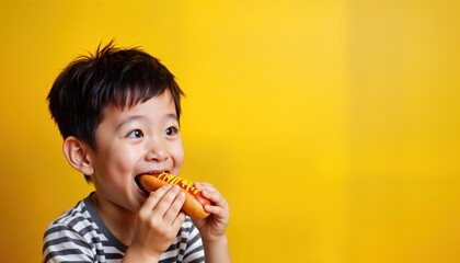 Young boy enjoys hot dog with mustard on yellow background. Happy, focused on meal. Studio shot highlights food, fun. Child eats fast food. Image suitable for use in marketing materials for kids