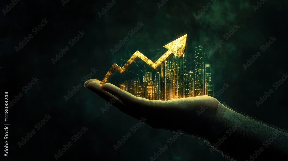 Poster here's a description and keywords for your stock image.. hand holding glowing city with upward arrow