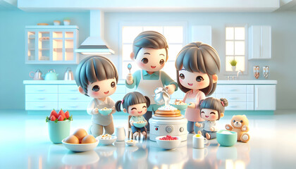 3D Family making breakfast together in a bright kitchen with a glossy background copy space on top. concept as A joyful family making breakfast together in a bright kitchen highlighting teamwork and m