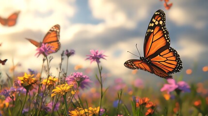 Naklejka premium Butterflies flying over colorful wildflowers.