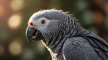 A gray parrot with red eyes is closeup