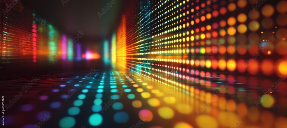 Poster Glowing disco light. Cyberspace dimension room technology background. Digital data wireless transfer. Generative AI technology.	
