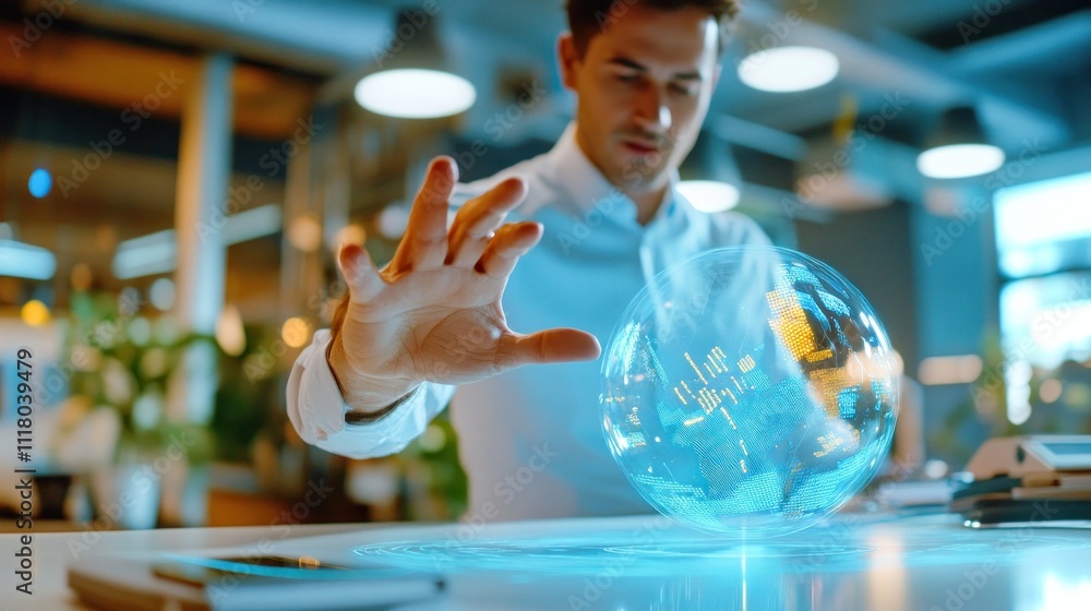 Poster man interacts with virtual holographic globe display.