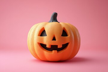 A carved Halloween pumpkin with a smiling face against a pink background.