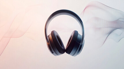 Close-up of high quality headphones in colour combination floating in air on background. Music,...