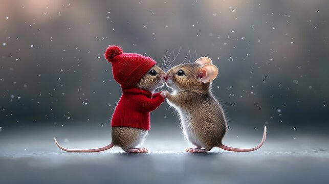 An illustration of two mice in winter attire kissing under a starry night sky, whimsical and heartwarming style. Ultra-Realistic, Photo Realistic, highly detailed, 
