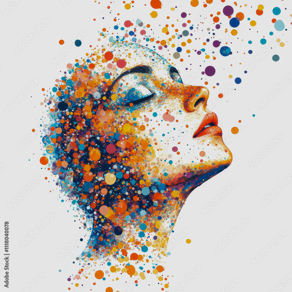 Poster vibrant artistic portrait of a woman surrounded by colorful dots and splashes in an abstract design 