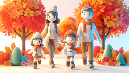 3D Family taking a walk together in autumn capturing vibrant joy and connection close up with copy space on right. concept as A joyful family taking a walk together in autumn captured in a close up th