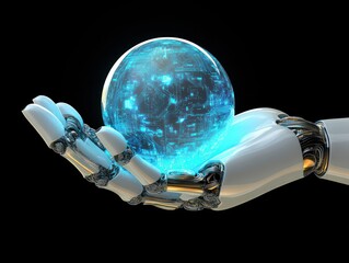 Chrome robotic hand presenting blue illuminated globe