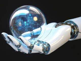 Shiny robotic hand holding a digital blue sphere