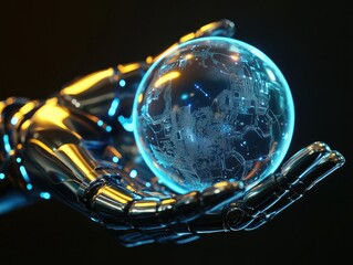 Advanced robotic hand with a glowing digital globe