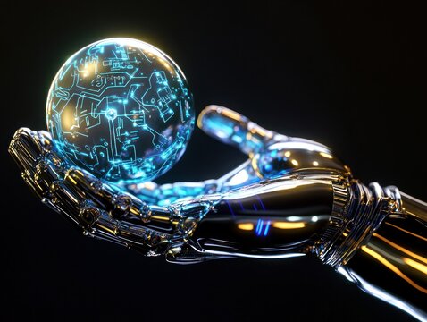 Robotic hand holds a neon-blue futuristic tech orb