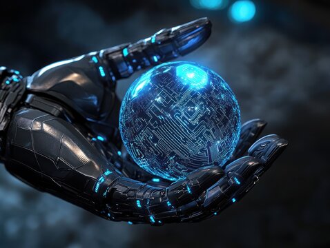 Robotic hand holding a glowing circuit sphere in palm