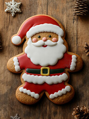 Fototapeta premium Festive Gingerbread Cookie Decorated as Santa Claus with Red Hat and White Beard on Rustic Wooden Background with Pine Cones and Glittering Snowflakes