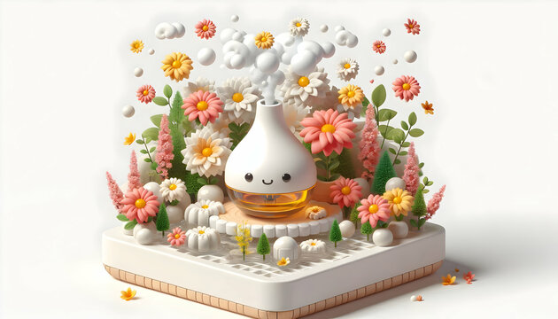 3D Floating essential oil diffuser and flowers concept as A harmonious vector of an essential oil diffuser and blooming flowers floating together on a white background symbolizing aromatherapy and nat