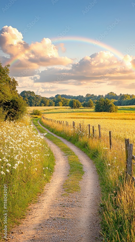 Poster a scenic pathway meanders through lush fields under a bright sky adorned with clouds and a faint rai