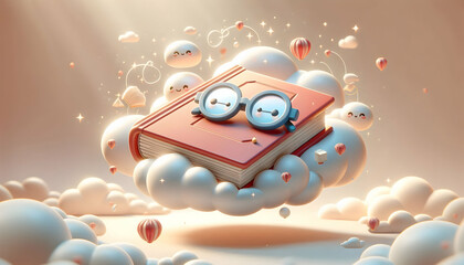 3D Floating first book and reading glasses concept as A cozy vector of a first book and a pair of reading glasses floating gracefully on a soft abstract bokeh background symbolizing self education and