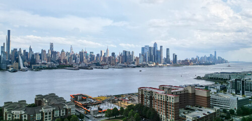 new york city skyline wide angle panorama view (skyscrapers of midtown and downtown financial center) nyc tourism travel nj west overlook (aerial vista) manhattan architecture