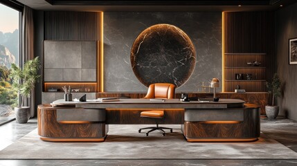 Luxurious modern office interior with large desk, leather chair, and mountain view.