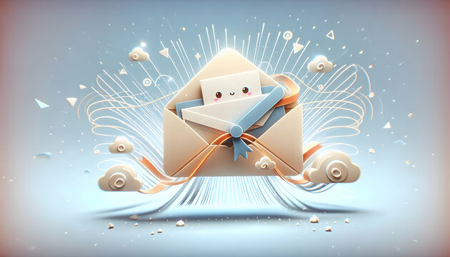 3D Floating new job offer envelope with soft lines concept as A dynamic vector of a job offer envelope floating with soft abstract lines and bokeh highlights symbolizing career advancement and persona