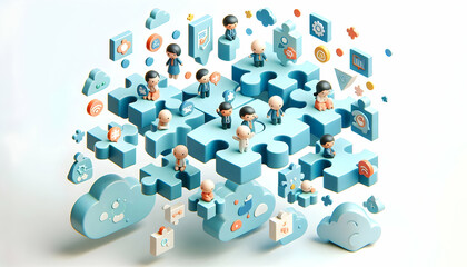 Fototapeta premium 3D Floating puzzle pieces with team icons isolated on white background concept as Floating puzzle pieces adorned with team icons symbolizing flexibility and dynamic teamwork in team building puzzle so